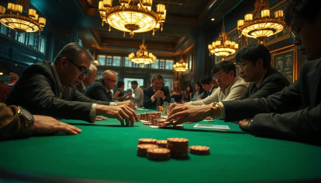 A dimly lit casino table, the green felt surface reflecting the warm glow of overhead chandeliers. Skillful hands expertly shuffle and deal the cards, the players leaning in with intense focus. In the background, the hum of conversation and the clinking of chips create an atmosphere of quiet excitement. The camera captures the scene from a low angle, emphasizing the drama and intensity of the game. Backlighting from the windows casts dramatic shadows, adding depth and dimension to the image. The overall mood is one of strategic mastery, a testament to the legendary status of Taiwanese baccarat players.
