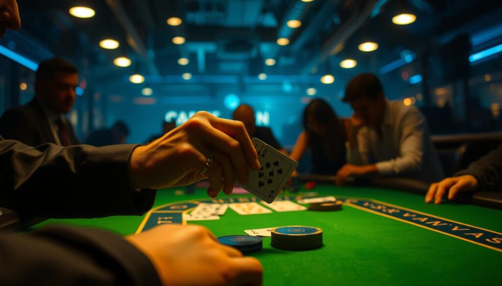 A dimly lit casino table, the green felt surface reflecting the warm glow of overhead spotlights. In the foreground, a player's hands deftly manipulating a deck of cards, their experience and skill palpable. Behind them, the blurred silhouettes of other players, their faces obscured, leaning in with rapt attention. The atmosphere is one of hushed intensity, as the player navigates the nuances of the game, searching for the secrets to victory. The scene conveys a sense of mastery, the culmination of dedicated study and practice, honed over time to elevate the player's chances of success in this high-stakes environment.