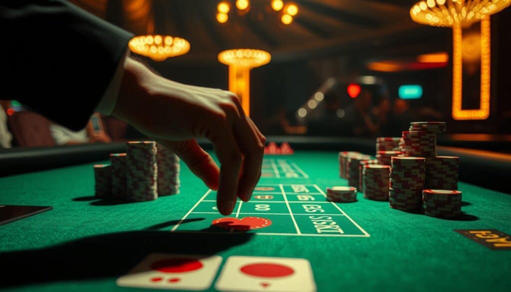 A dimly lit casino table, the green felt surface reflecting the warm glow of overhead lamps. Stacks of chips in various denominations sit untouched, waiting for the next round of baccarat. In the foreground, a player's hand hovers uncertainly over the betting area, hesitating between options. The atmosphere is tense, the air thick with the weight of potential mistakes. Shadows cast by the player's hand create a sense of unease, highlighting the precarious nature of the game. The background is blurred, drawing the viewer's focus to the critical decision at hand - a cautionary tale of the common pitfalls to avoid in baccarat betting.