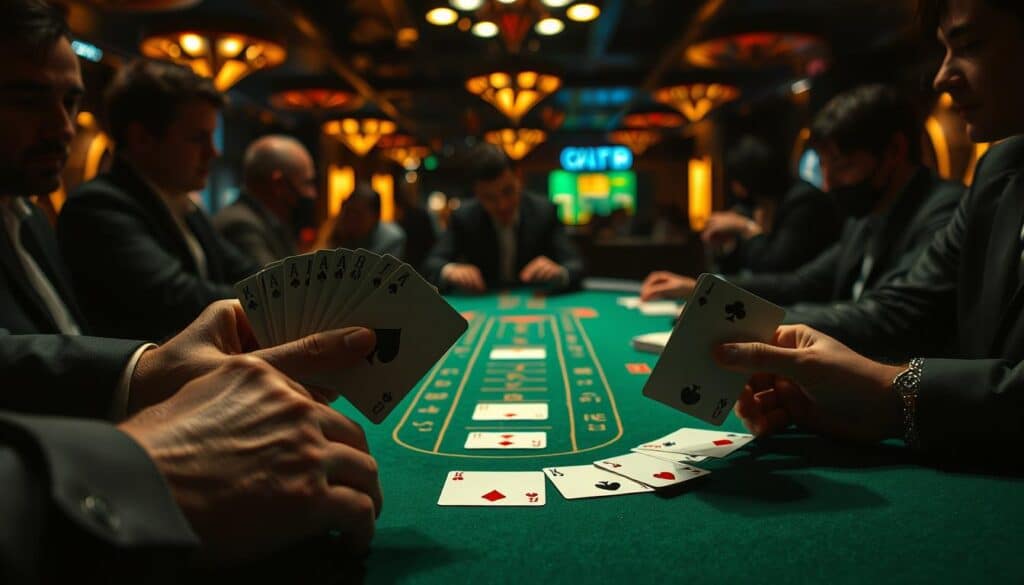 A dimly lit casino table, the green felt surface reflecting the warm glow of overhead lighting. Expertly dealt cards are fanned out, revealing the iconic symbols of Baccarat - the Player, Banker, and Tie. Experienced hands navigate the intricacies of the game, strategically placing bets, observing the unfolding patterns. The tension is palpable as players lean in, captivated by the allure of chance and the promise of potential winnings. A celebration of the rules and dynamics that define this time-honored casino classic, inviting the viewer to immerse themselves in the thrilling world of Baccarat.
