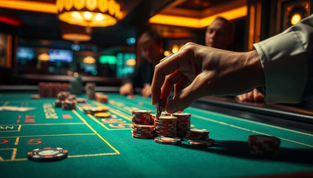 A dimly lit casino table, the green felt surface reflecting the warm glow of overhead lights. On the table, casino chips in various denominations are strategically placed, their vibrant colors creating a visually striking arrangement. In the foreground, a hand carefully selects a chip, poised to make a calculated bet, while in the background, the blurred silhouettes of other players lean in, anticipation etched on their faces. The scene conveys a sense of focus, determination, and the thrill of the game, capturing the essence of a successful baccarat betting strategy.