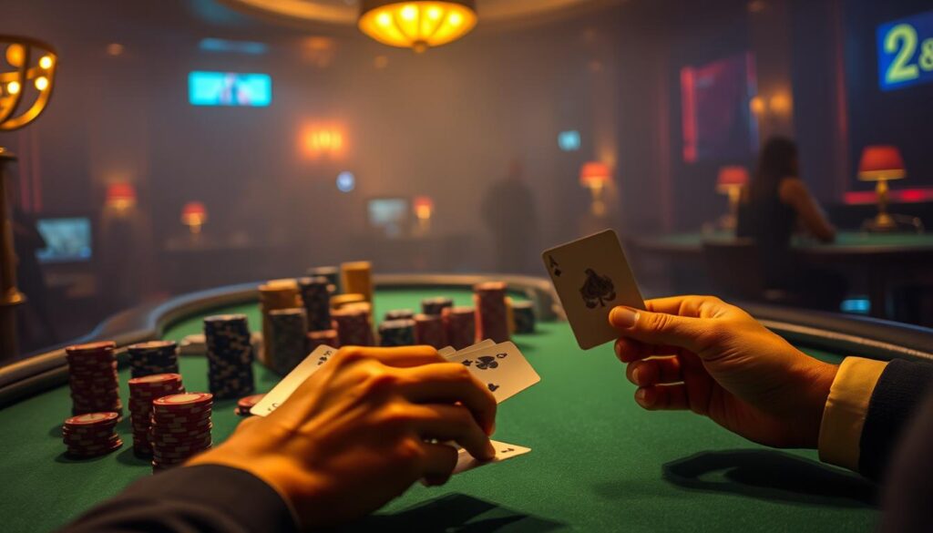 A dimly lit casino table, the green felt surface reflecting the warm glow of strategically placed lamps. Stacks of chips in various denominations are neatly arranged, awaiting the players' decisions. In the foreground, a pair of hands meticulously observes the dealt cards, brow furrowed in concentration. The background is hazy, with the faint silhouettes of other tables and the murmur of activity creating an atmosphere of strategic contemplation. The image conveys the importance of carefully analyzing the card patterns, or "牌路觀察", to gain an edge in the game of baccarat and improve one's chances of success.