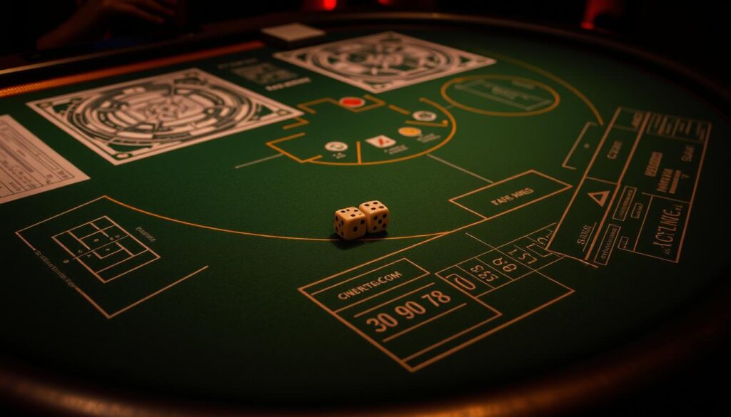 A dimly lit casino table, the green felt surface reflecting the warm glow of strategically placed spotlights. Intricate diagrams and charts depicting the nuances of baccarat strategy are meticulously laid out, their lines and numbers guiding the player's hand. The table's edge is lined with a subtle, understated pattern, hinting at the game's deep-rooted traditions. In the middle, a pair of elegant, ivory-colored dice await their fateful roll, the outcome of which will unfold a new chapter in the player's pursuit of baccarat mastery. The atmosphere is one of focused intensity, where the slightest shift in strategy could mean the difference between triumph and defeat.
