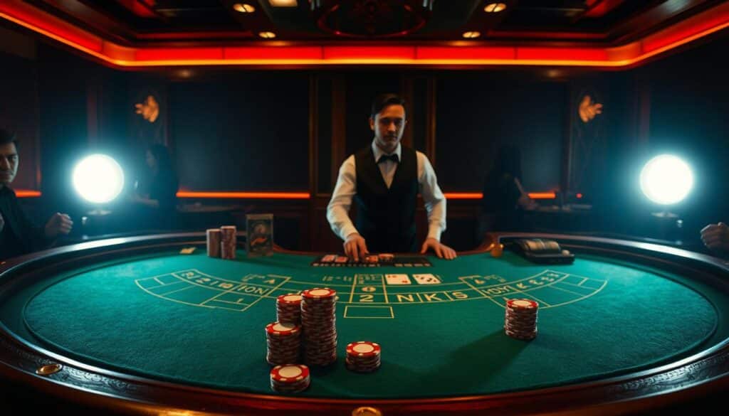 A dimly lit casino table with a green felt surface, illuminated by warm overhead lighting. The table features a semicircular layout with distinct zones for player bets, dealer actions, and the banker's area. Elegant wooden trim and brass accents adorn the table's edges, creating a sophisticated atmosphere. In the foreground, casino chips of various denominations are neatly stacked, ready for players to place their wagers. The middle ground showcases the dealer, dressed in a crisp white shirt and black vest, skillfully dealing the cards. In the background, the table is surrounded by attentive players, their faces partially obscured by the low lighting, creating a sense of mystery and anticipation.