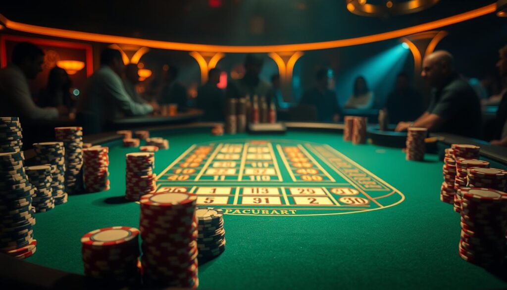 A dimly lit casino table with a green felt surface, the iconic Martingale strategy schematic displayed prominently in the foreground. Cascading stacks of casino chips in varying denominations surround the layout, creating a sense of high-stakes energy. The lighting is warm and atmospheric, creating dramatic shadows that accentuate the strategic elements. In the background, the blurred silhouettes of players engaged in the game, creating a sense of immersion and real-world application. The overall composition conveys the risks and potential rewards of employing the Martingale strategy in the context of baccarat gameplay.