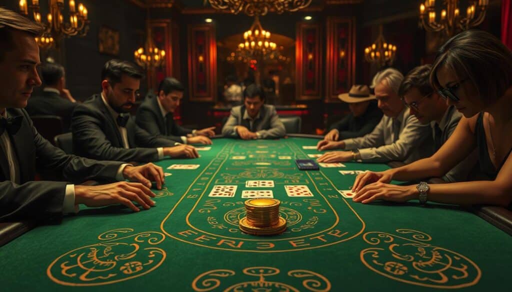 A dimly lit casino table with a green felt surface, the iconic baccarat layout etched in intricate patterns. The cards are dealt with precision, the dealer's movements fluid and calculated. In the center, a golden chip sits, representing the ultimate objective - the winning hand. Surrounding the table, the players lean in, their faces illuminated by the warm glow of the overhead chandeliers, their expressions a mix of concentration and anticipation. The atmosphere is charged with the thrill of the game, the air thick with the scent of luxury and the pursuit of fortune.