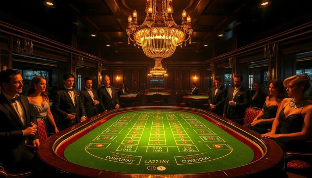 A dimly lit, luxurious casino interior with a prominent baccarat table in the center. The table is illuminated by a cascading chandelier, casting a warm, golden glow over the green felt surface and the surrounding mahogany furniture. Elegant guests in formal attire observe the game, their expressions a mix of concentration and anticipation. The table's layout clearly displays the betting options and payouts, inviting the viewer to engage with the intricate mechanics of the baccarat game. The overall atmosphere exudes an air of sophistication and high-stakes excitement, reflecting the prestige and allure of the world's premier gambling establishments.