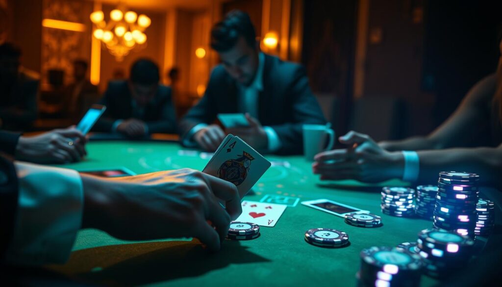 A dimly lit online casino table, the green felt surface reflecting the soft glow of holographic chips and digital playing cards. In the foreground, a player's hands deftly manipulate the virtual cards, their face obscured by the shadows. The middle ground features the dealer, their features indistinct, dealing the cards with practiced precision. In the background, the hazy outlines of other players lean in, engrossed in the game. The scene is bathed in a warm, amber-tinted light, creating a sense of intensity and anticipation. The camera angle is slightly elevated, suggesting a voyeuristic perspective, capturing the drama and excitement of the online baccarat experience.