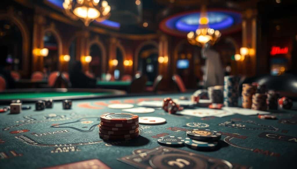 A dimly lit, richly textured table surface, with various gambling chips, dice, and playing cards artfully arranged. The focus is on a lone stack of casino chips, the light gently reflecting off their polished surfaces, symbolizing the strategic importance of betting decisions. In the background, a blurred image of a classic casino interior, with hints of ornate architecture and the glow of green felt tables, creating a sense of atmosphere and context. The overall mood is one of contemplation and the weight of carefully considered choices, evoking the gravity of betting strategy in the game of Baccarat.