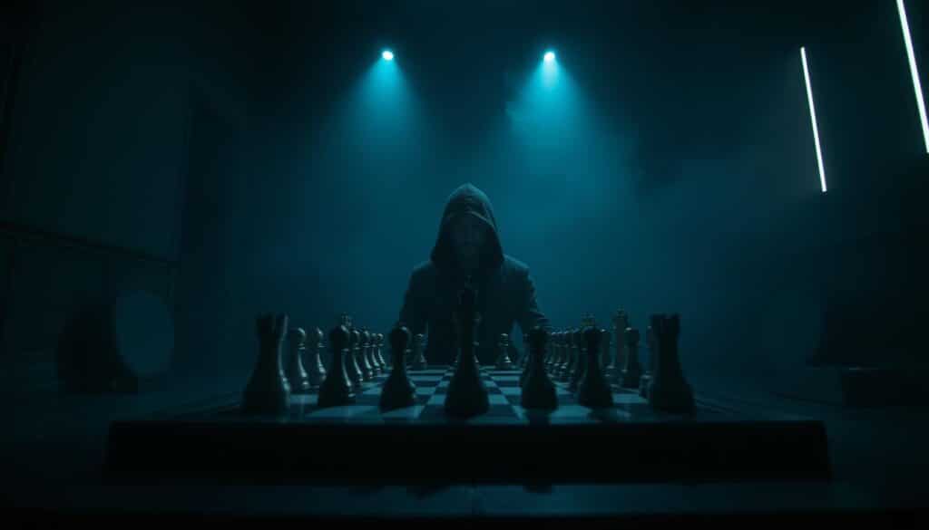 A dimly lit room, the air thick with tension. In the center, a chessboard stands, its pieces poised for a battle of wits. Beside it, a figure sits, their face shrouded in shadow, exuding an aura of strategic calm. The room is bathed in a cool, cinematic lighting, creating an atmosphere of intense focus and concentration. The camera angle is low, capturing the scene from a slightly elevated perspective, emphasizing the gravity of the moment. The overall mood is one of psychological tension, where the true victory lies not in the moves on the board, but in the mastery of one's own emotions.