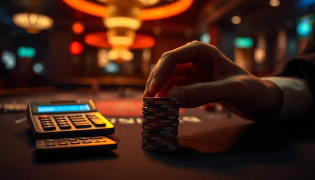 A dimly lit table in a casino setting, with a stack of gambling chips and a calculator placed neatly on the surface. In the foreground, a hand carefully arranges the chips, conveying a sense of strategic contemplation. The background is blurred, creating a focused atmosphere on the resource management task at hand. Soft, warm lighting from an unseen source casts a subtle glow, lending a thoughtful, introspective mood to the scene. The overall composition suggests the careful consideration of bankroll and risk management, essential skills for navigating the complexities of the baccarat game.