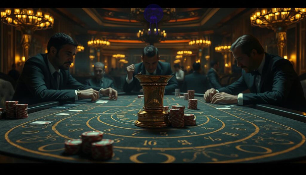 A dimly lit table in a high-end casino, the felt surface adorned with the intricate patterns of the Baccarat layout. In the center, a gleaming brass Baccarat shoe, its edges worn from countless hands. Surrounding it, stacks of casino chips in a rainbow of colors, each one a testament to the fortunes won and lost. Shadowy figures lean over the table, their faces obscured by the warm glow of the overhead chandeliers, their hands deftly maneuvering the cards, their expressions a study in concentration and anticipation. The air is thick with the scent of cigar smoke and the electric tension of the game, where a single decision can determine the outcome. This is the world of Baccarat, where the heart's wisdom and the mind's discipline must work in perfect harmony.