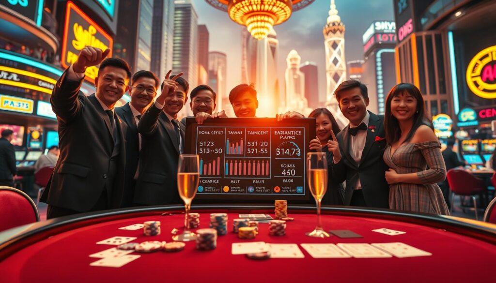 A dynamic and vibrant scene depicting the success stories of Taiwanese players in the world of baccarat. Set against a backdrop of modern cityscapes and bustling casinos, the image showcases a group of well-dressed individuals celebrating their victories. Warm lighting casts a celebratory glow, while the foreground features a table with casino chips, cards, and a champagne glass, symbolizing the thrill and excitement of the game. In the middle ground, a large display screen showcases statistics and data, highlighting the analytical and strategic approach of the Taiwanese players. The background features a blend of neon lights, blurred casino patrons, and the iconic skyline of a major Taiwanese city, creating a sense of immersion and global reach. The overall atmosphere is one of success, confidence, and the mastery of the game.