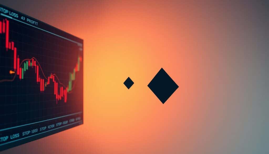 A dynamic visual representation of stop-loss and take-profit strategies, set against a neutral background. In the foreground, a detailed chart displaying price movements, with two distinct markers indicating the stop-loss and take-profit levels. The chart is illuminated by a warm, directional light, casting subtle shadows and highlights to enhance depth and clarity. In the middle ground, simplified geometric shapes represent the risk and reward components of these trading techniques, their sizes and positions conveying their relative importance. The background features a subtle, textured gradient, creating a sense of depth and focus on the central elements. The overall composition strikes a balance between technical precision and visual aesthetics, effectively communicating the core concepts of these essential trading strategies.