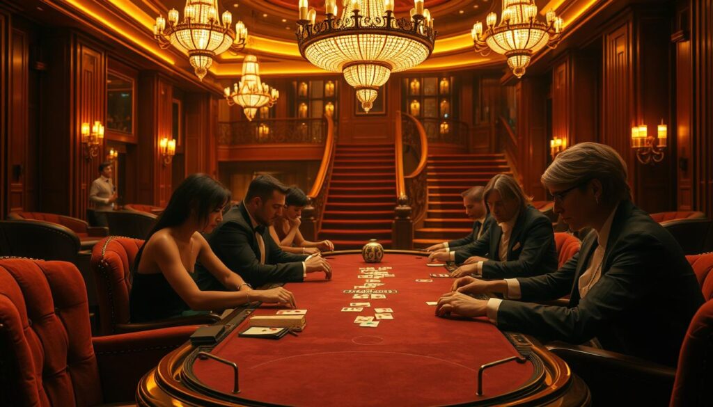 A grand casino interior, bathed in warm, golden light filtering through ornate chandeliers. Plush velvet chairs and polished mahogany tables set the stage for the historic game of Baccarat, its origins tracing back to 15th century Italy. Elegant patrons, dressed in their finest, lean in with anticipation as the cards are dealt, the tension palpable. In the background, a grand staircase leads to private gaming rooms, hinting at the game's evolution and storied legacy. A sense of timeless sophistication and high-stakes excitement permeates the scene, capturing the essence of Baccarat's captivating origins and enduring allure.
