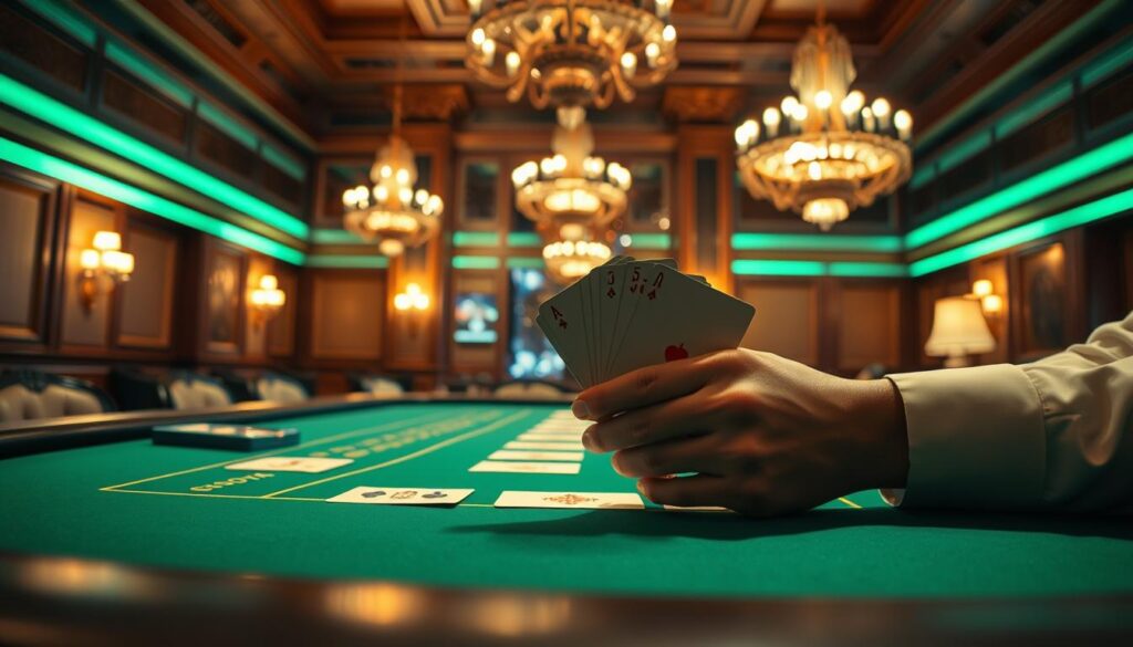 A grand casino table illuminated by warm lighting, the green felt surface inviting players to explore the captivating game of Baccarat. Elegant wood paneling and ornate chandeliers set the sophisticated atmosphere, complemented by the subtle reflections of the table's edge. In the foreground, well-manicured hands expertly handle the cards, demonstrating the strategic intricacies of this time-honored game. The composition captures the essence of Baccarat, showcasing the concentration and skill required to master the winning strategies within this legendary casino experience.