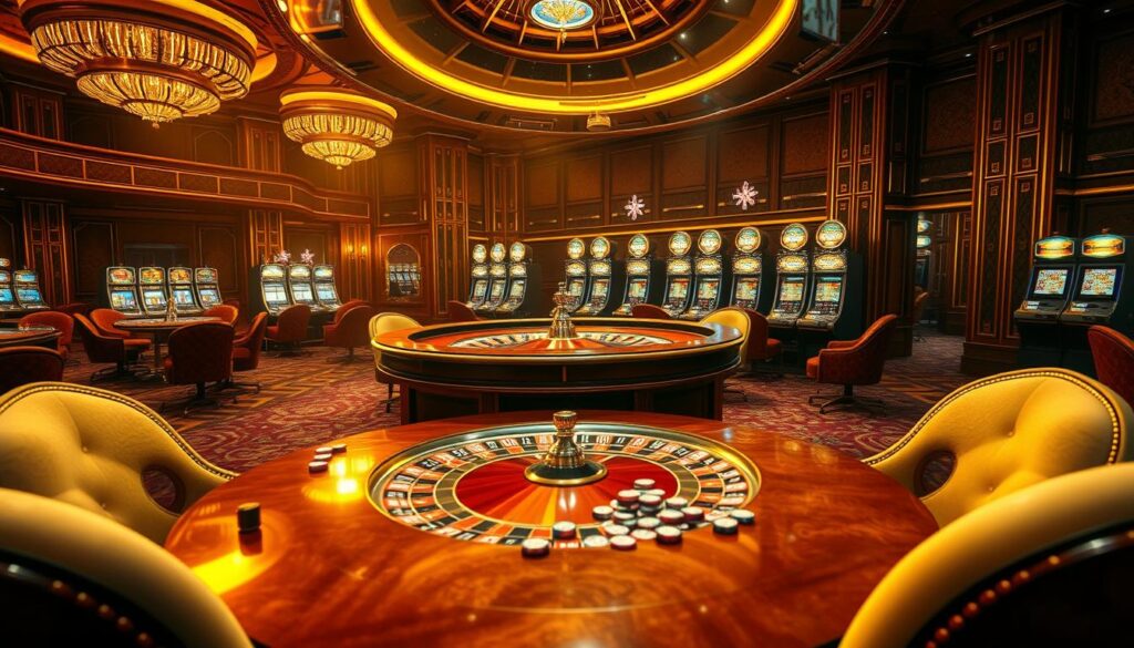 A grand, opulent casino interior, bathed in warm, golden lighting. The focal point is a towering roulette table, its polished wood surface and gleaming brass trim reflecting the radiance of the room. Surrounding the table, plush velvet armchairs and a scattering of high-denomination chips suggest the presence of high-stakes players. In the background, a row of slot machines emit a hypnotic glow, their flashing lights hinting at the potential for lucrative winnings. The overall atmosphere evokes a sense of sophisticated indulgence, where the allure of wealth and success is palpable.