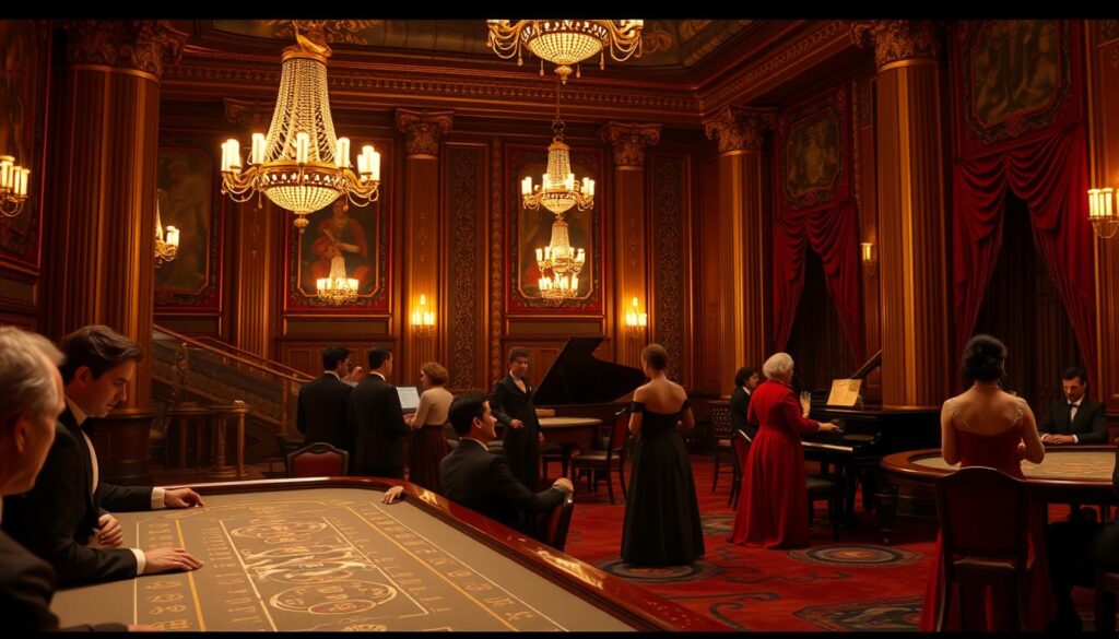 A grand, ornately decorated casino interior set in the late 19th century. In the foreground, a group of well-dressed patrons gathered around a baccarat table, their faces lit by the warm glow of chandeliers overhead. In the middle ground, a musician plays a grand piano, the sound of his music filling the air. The background features gilded columns, intricate wall panels, and lush draperies, capturing the opulent elegance of a bygone era. The scene exudes a sense of history, tradition, and the timeless allure of the classic game of baccarat.