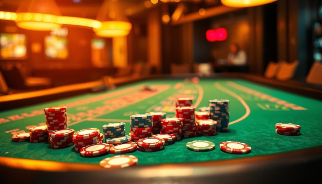 A high-quality casino table with a green felt surface, illuminated by warm, overhead lighting. On the table, an array of colorful casino chips in different denominations, meticulously arranged to showcase their usage in the game of Baccarat. The chips are positioned to highlight their strategic placement, demonstrating the optimal techniques for betting and managing one's bankroll. The table is set against a blurred background, emphasizing the focal point of the chips and their efficient utilization. The overall scene conveys a sense of expertise, precision, and the nuanced strategies involved in mastering the art of Baccarat chip management.