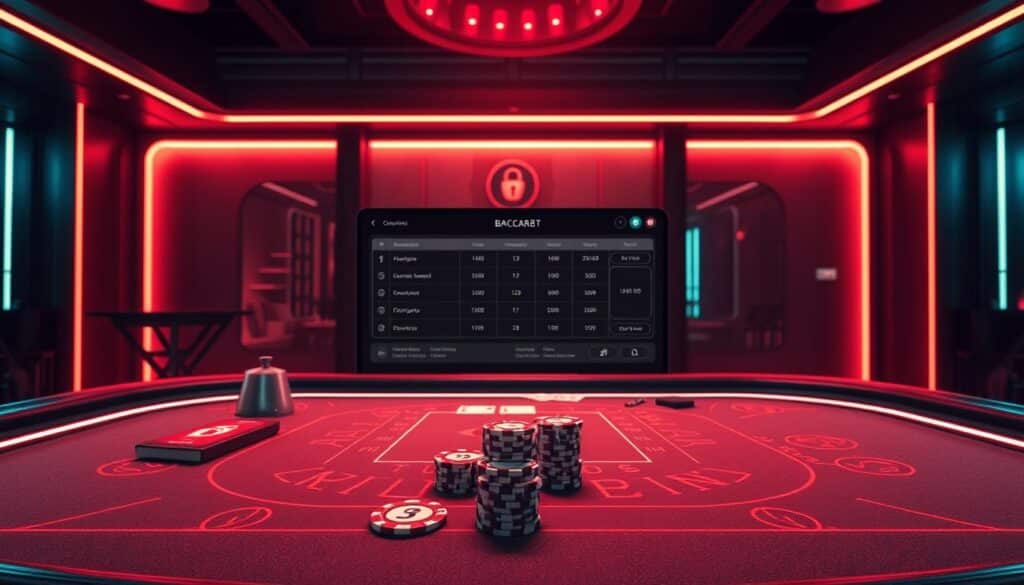 A high-quality online baccarat platform set against a sleek, modern backdrop. The foreground features a stylized baccarat table with elegantly designed chips, cards, and gaming accessories, all bathed in a warm, inviting lighting scheme. The middle ground showcases a minimalist, yet sophisticated user interface, emphasizing intuitive navigation and a seamless gameplay experience. The background subtly hints at the platform's secure and reliable infrastructure, conveying a sense of trust and professionalism. The overall composition exudes an atmosphere of sophistication, excitement, and a touch of luxury, perfectly capturing the essence of an exceptional online baccarat gaming destination.