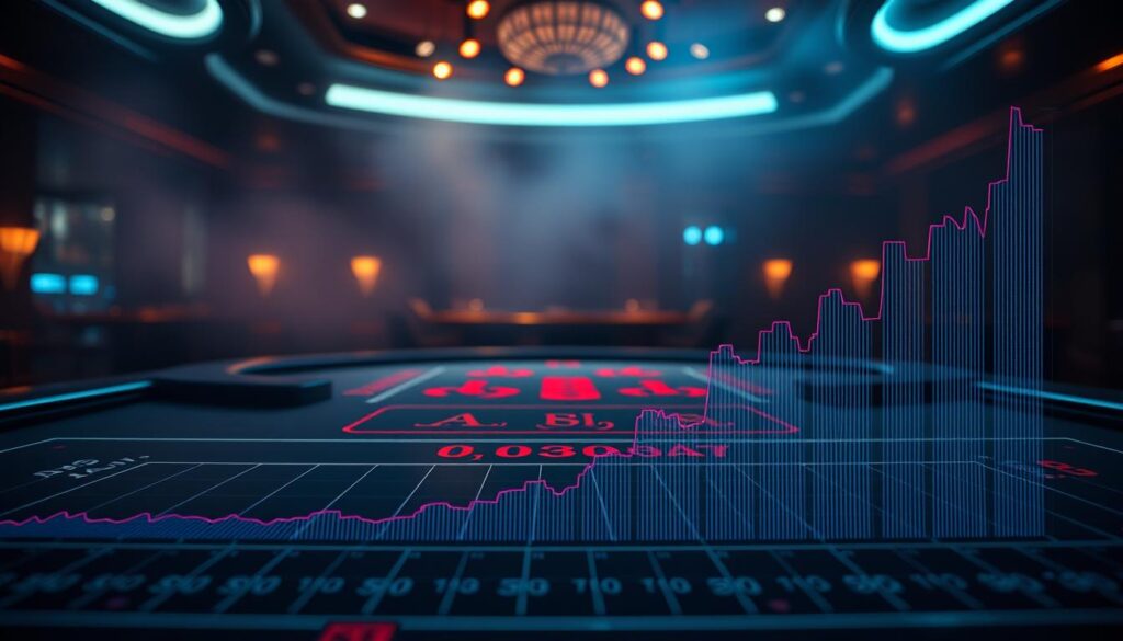 A high-resolution, wide-angle image of a detailed statistical analysis of baccarat win rates. In the foreground, a sleek, modern-looking graph or chart showcases the essential data points, presented in a clean, data-driven style. The middle ground features a dimly lit baccarat table, with subtle cues hinting at the casino environment. In the background, a hazy, atmospheric setting evokes the sophisticated, high-stakes ambiance of a premier gambling establishment. The lighting is dramatic, casting intriguing shadows and highlights onto the focal elements. The overall composition conveys a sense of analytical depth and strategic insight into the dynamics of the baccarat game.