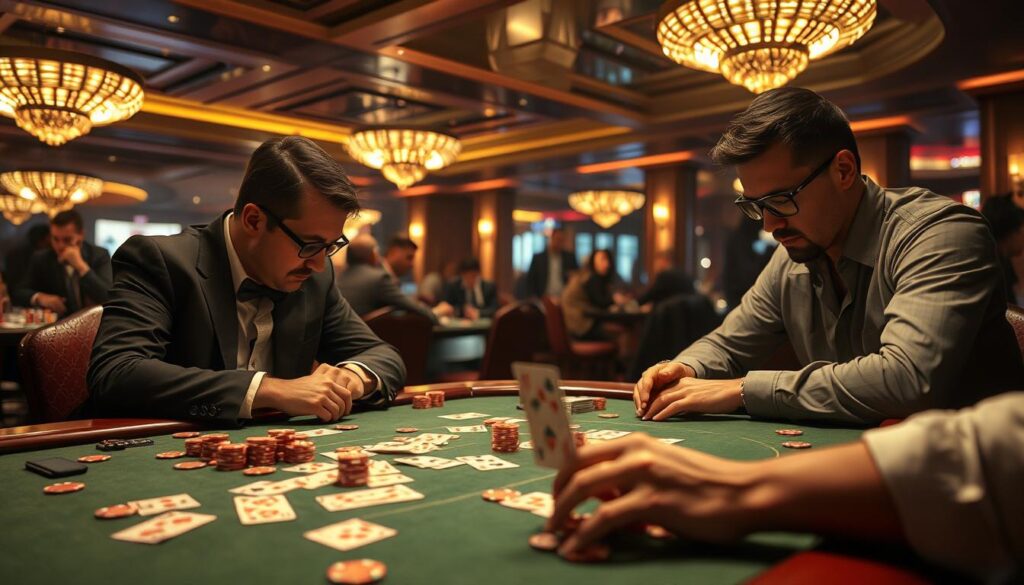 A high-stakes baccarat game scene with a wooden table, green felt, and casino chips scattered across the surface. Overhead, warm lighting casts a focused glow, illuminating the analytical expressions of the players as they meticulously study the card patterns, searching for insights to guide their betting strategies. In the background, the dimly lit ambiance of the casino floor provides a sense of intensity and anticipation. The composition emphasizes the players' concentration, highlighting the careful decision-making process involved in interpreting the "card road" to formulate winning moves.
