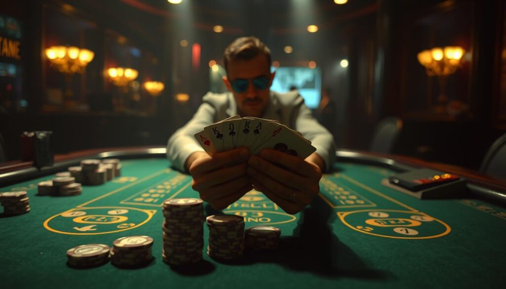 A high-stakes baccarat game table, dimly lit with strategic shadows, illuminated by soft, warm lighting from above. The table's felt surface is green, with ornate gold trim and symbols representing the elements of chance. Stacks of casino chips in various denominations are carefully arranged, symbolizing the importance of bankroll management. In the foreground, a single player's hands hold a set of cards, their expression focused and determined, reflecting the gravity of their decisions. The background is blurred, creating a sense of intensity and concentration on the task at hand. The atmosphere conveys the thrill and risk of baccarat, underscoring the significance of prudent resource allocation.