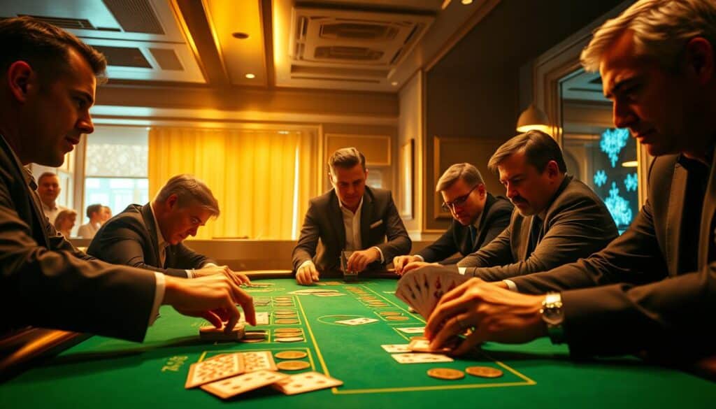 A high-stakes baccarat table, bathed in a warm, golden light. The dealer's hands skillfully shuffle and deal the cards, their movements precise and practiced. The felt surface is a deep, emerald green, creating a lush, luxurious atmosphere. Players lean in, their faces a mix of concentration and anticipation, as they await the reveal of their hands. The air is electric with the thrill of the game, the air conditioning subtly humming in the background. A sophisticated, timeless scene, captured with a cinematic, wide-angle lens to give a sense of the grandeur and drama of the moment.