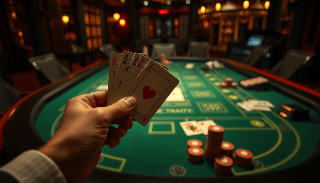 A high-stakes baccarat table set against a dimly lit casino backdrop, illuminated by the warm glow of green felt and gold accents. The table is pristine, with meticulously arranged chips and cards, hinting at a strategic game in progress. In the foreground, a player's hand, holding a pair of aces, symbolizing the unbreakable rules and techniques that promise to turn the odds in their favor. The atmosphere is tense, with a sense of calculated risk and the thrill of potential victory. Capture the essence of the baccarat game's essential winning strategies, where expertise and discipline converge to mastering the game's timeless principles.