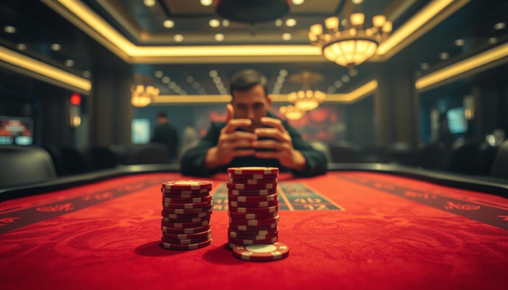 A high-stakes baccarat table set against a dimly lit casino backdrop, with a stack of casino chips commanding the foreground. The table's felt surface is worn with the marks of countless hands played, exuding an air of strategic intensity. In the middle ground, a pair of hands carefully considers their next move, weighing the risk and reward, as the game's outcome hangs in the balance. The background is hazy with the muted glow of overhead lighting, creating a sense of focused concentration amidst the larger, bustling casino environment. The overall scene conveys the critical importance of prudent bankroll management in the high-pressure world of baccarat, where a single misstep can cost dearly.