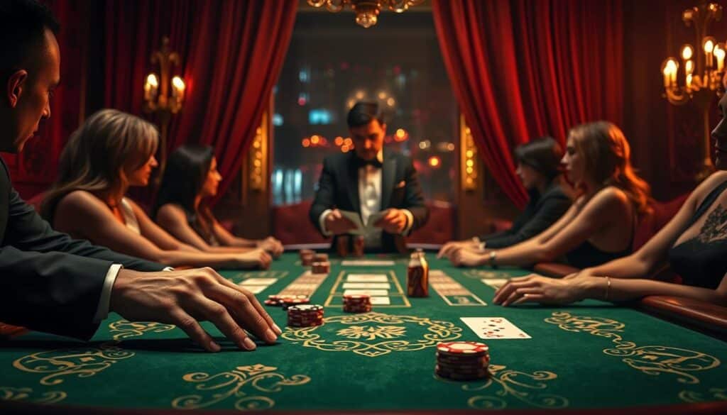 A high-stakes baccarat table set against a dimly lit casino backdrop, with plush velvet curtains framing the scene. The green felt surface is adorned with ornate gold filigree, casting a warm glow under the soft, directional lighting that highlights the faces of the players intensely focused on the cards. In the foreground, a pair of elegant hands carefully arranging the baccarat chips, while in the middle ground, the dealer deftly deals the cards, their movements precise and practiced. The atmosphere is one of quiet tension, punctuated by the occasional murmur of hushed conversation, as the players scrutinize each card, their fortunes hanging in the balance.