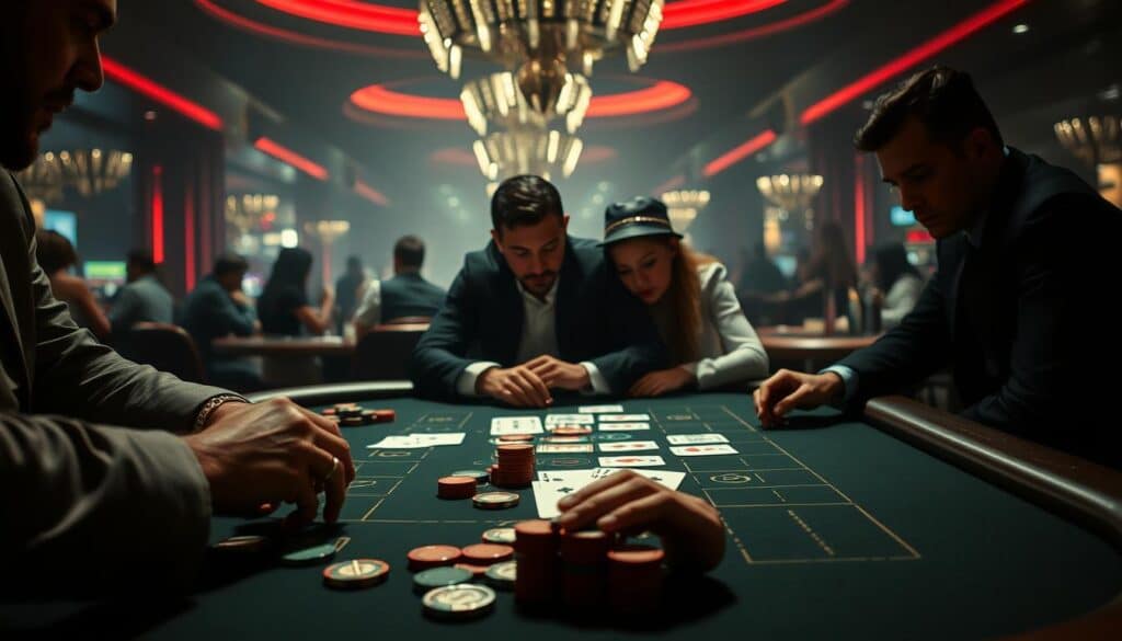 A high-stakes baccarat table set against a dimly lit casino backdrop. In the foreground, an array of colorful chips and a dealer's hand dealing the cards with precision. The middle ground features a group of players leaning in, their expressions intense as they strategize their next moves. Soft, moody lighting casts dramatic shadows, creating a sense of tension and concentration. The background is hazy, with the faint silhouettes of other tables and the bustling energy of the casino floor. The overall scene conveys the strategic nature of baccarat, where every chip placement and card decision can make or break a player's fortunes.