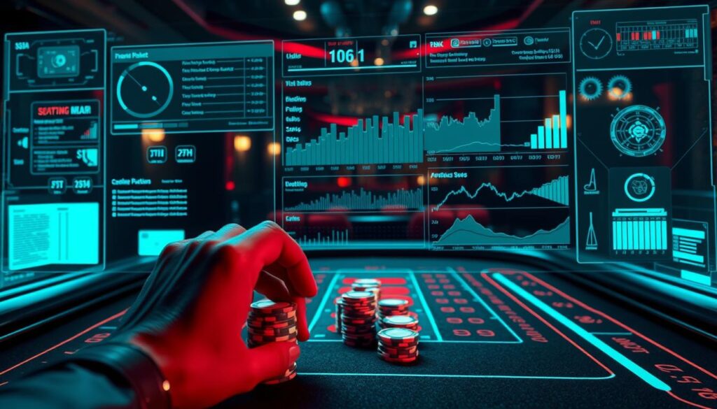 A high-stakes casino game table with a translucent, holographic overlay depicting risk management metrics and analysis. In the foreground, a hand cautiously stacks casino chips, conveying the careful, measured approach of a skilled player. The middle ground features a wide-angle view of the table, surrounded by an atmosphere of tension and anticipation. The background fades into a dimly lit, atmospheric casino environment, with muted lighting and subtle hints of luxury. The overall mood evokes a sense of strategic contemplation, where data-driven decision-making and disciplined risk management are paramount to navigating the complexities of the game.