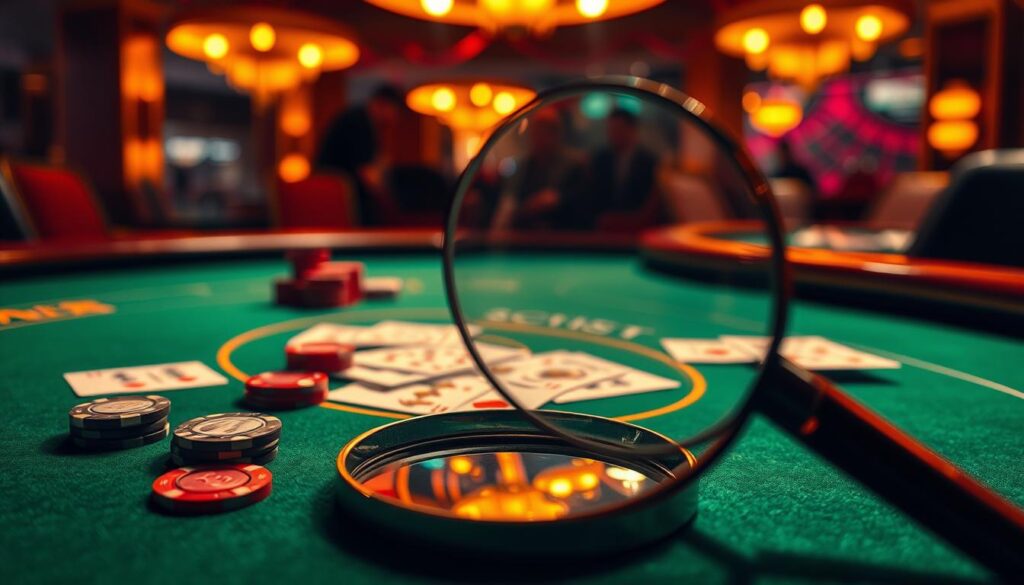 A high-stakes casino table, its green felt surface gleaming under warm, atmospheric lighting. Cards and chips are scattered across the tabletop, hinting at the strategic game unfolding. In the foreground, a magnifying glass hovers over the table, symbolizing the close observation and analysis of gameplay trends. The background is softly blurred, drawing the viewer's attention to the detailed study of the game mechanics. The overall mood is one of contemplation and close examination, reflecting the theme of "observing and analyzing game trends" within the broader context of casino strategy.