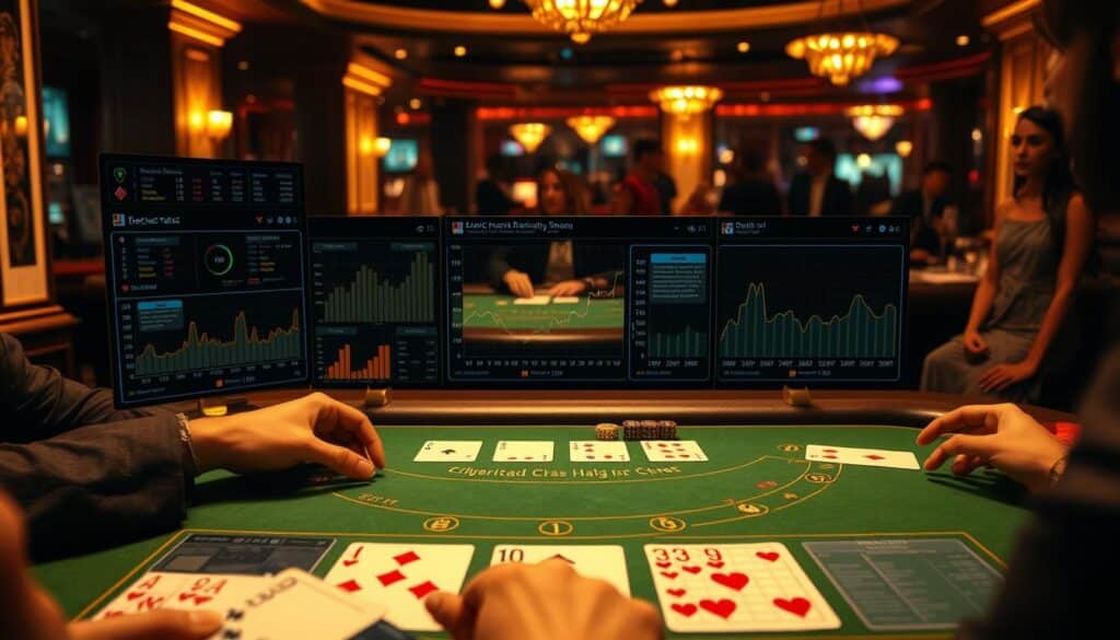 A high-stakes game of Baccarat unfolds on a lush green felt table, illuminated by warm, golden lighting. In the foreground, a sophisticated analysis tool displays real-time data, charts, and probabilities, guiding the player's strategic decisions. The middle ground showcases the dealer's hands and the cards being dealt, while the background reveals the hushed atmosphere of the casino, with muted conversations and the occasional clink of glasses. The image conveys a sense of tension and focus, as the player leverages data-driven insights to navigate the ebb and flow of the game.