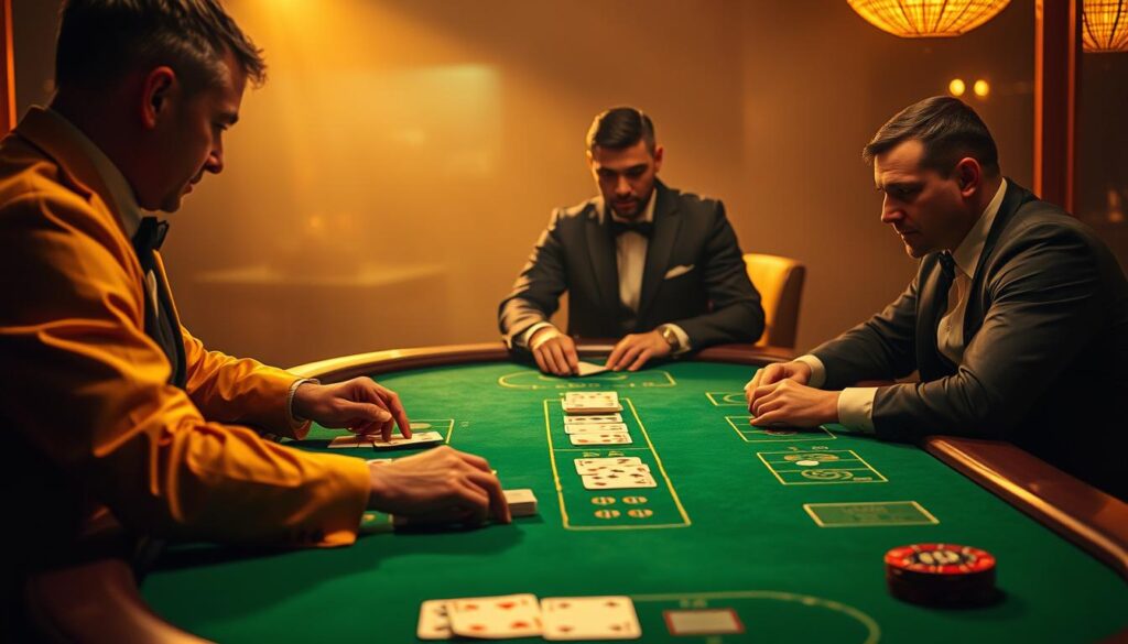 A high-stakes game of baccarat unfolds on a lush green felt table, bathed in warm, golden light. In the foreground, the dealer, a poised and experienced figure, meticulously deals the cards, their hands moving with practiced precision. Opposite the dealer, the "house" or "banker" player, cloaked in an air of authority and control, weighs their options with a keen eye. Across the table, the "player" or "punter," their face a mask of concentration, contemplates their next move, the tension palpable. The background is hazy, blurred, drawing the viewer's focus to the central tableau of the game, where the advantages and disadvantages of the house and player are laid bare, a high-stakes dance of strategy and chance.