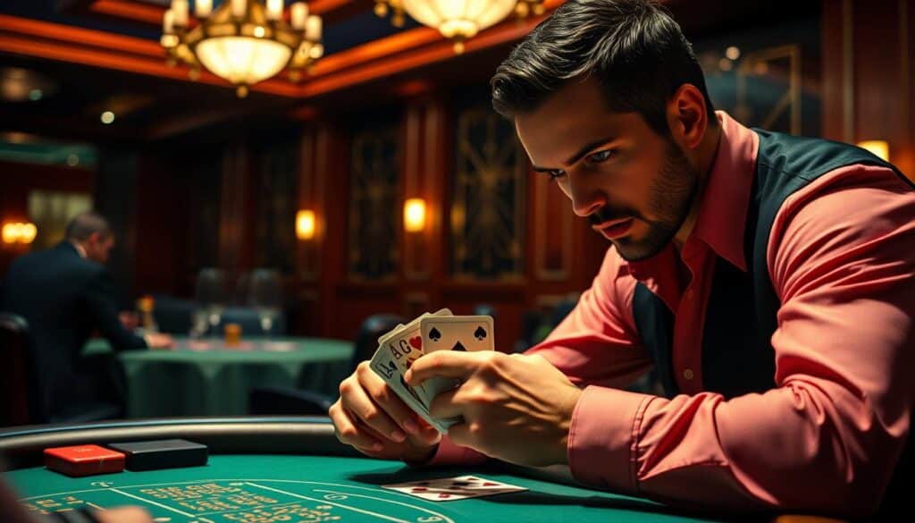 A high-stakes game of baccarat unfolds, with a determined player facing off against the casino's dealer. The player's gaze is intense, their expression a mix of focus and resolve, as they strategize their next move. The table's green felt contrasts with the rich, wooden paneling of the casino's interior, creating an atmosphere of elegance and sophistication. Soft, warm lighting illuminates the scene, casting a subtle glow and heightening the sense of drama. The player's hands grip the cards firmly, their body language exuding a confident, calculated air as they seek to outsmart the house. In the background, the faint murmur of other tables and the occasional clink of glasses add to the immersive, high-stakes experience.