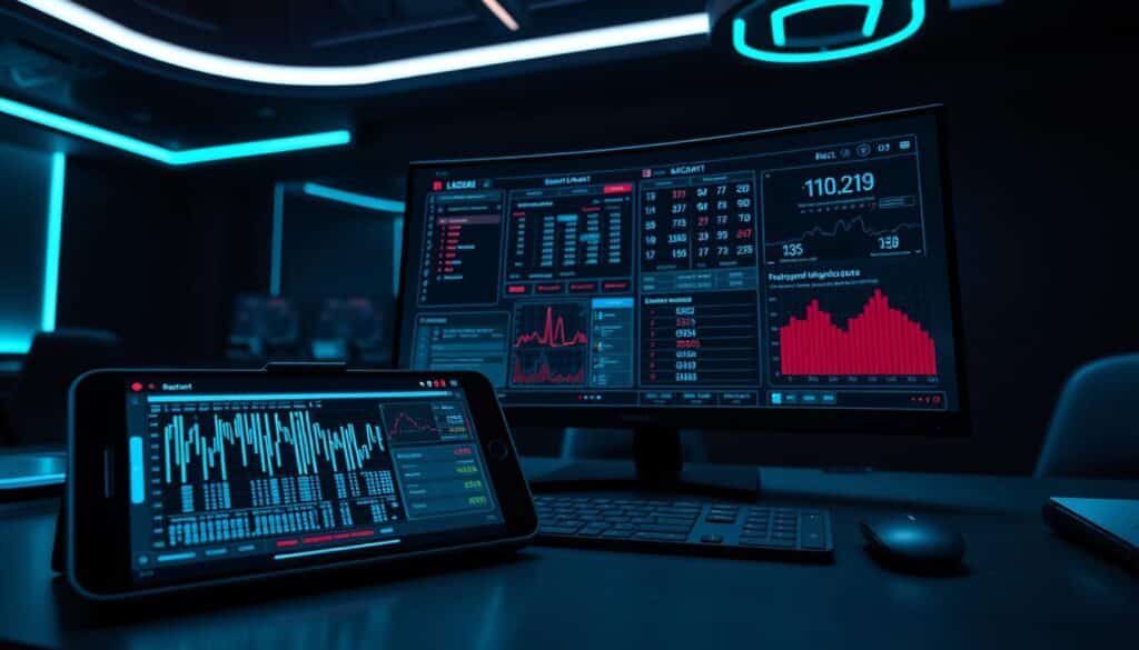 A high-tech baccarat prediction tool displayed on a sleek, minimalist desktop setup. In the foreground, a modern smartphone or tablet shows a complex algorithm running real-time data analytics. In the middle ground, a large curved monitor displays a dynamic visualization of baccarat game statistics and probabilities. The background features a dimly lit, futuristic office environment with clean lines, holographic displays, and subtle blue-green lighting, creating an atmosphere of technological sophistication. The overall scene conveys a sense of precision, efficiency, and the cutting edge of data-driven gaming strategy.