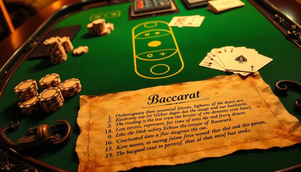 A lavishly designed casino table, the green felt surface gleaming under warm, golden lighting. Elegant, wooden casino chips in varying denominations are neatly arranged, along with a classic deck of playing cards. The table is framed by an ornate, carved wood border, evoking the timeless atmosphere of a high-stakes baccarat game. In the foreground, the essential rules of the game are displayed, written in a calligraphic script on an aged parchment scroll, clearly illustrating the fundamentals of the "Baccarat" gameplay. The overall composition conveys the sophisticated, timeless allure of this iconic casino game.