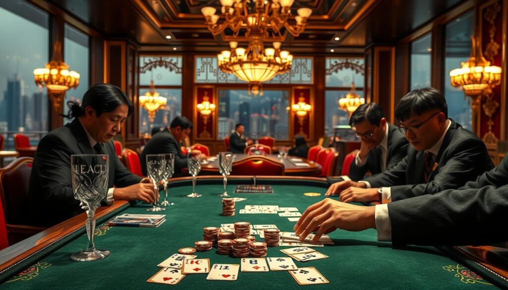 A lavishly detailed tableau of the traditional Chinese casino game Baccarat. In the foreground, a green baize-covered table is set with elegant crystal glasses, gold-trimmed playing cards, and a pile of colorful gaming chips. On the table, the dealer's hands expertly shuffle the cards, while players lean in with rapt attention. The middle ground features the casino itself, with ornate chandeliers casting a warm glow over the lush red and gold decor. In the background, a panoramic window offers a glimpse of the bustling city skyline beyond. The overall scene exudes an air of sophistication, high-stakes excitement, and the time-honored traditions of this iconic Asian casino game.