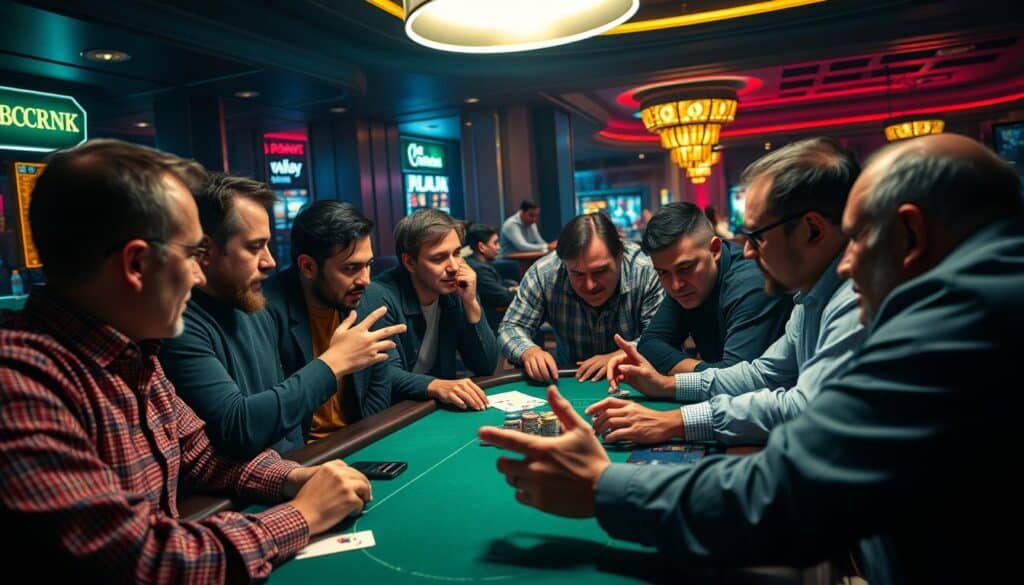 A lively group discussion on the ins and outs of baccarat, with players huddled around a dimly-lit table, their faces illuminated by the warm glow of casino lighting. The table is adorned with green felt, and the players lean in, engaged in animated conversation, hands gesturing as they share strategies and recount memorable game experiences. The atmosphere is one of camaraderie and shared passion for the game, with a sense of excitement and anticipation permeating the scene. The camera angle is slightly elevated, capturing the scene from an overhead perspective, creating a sense of observational intimacy.