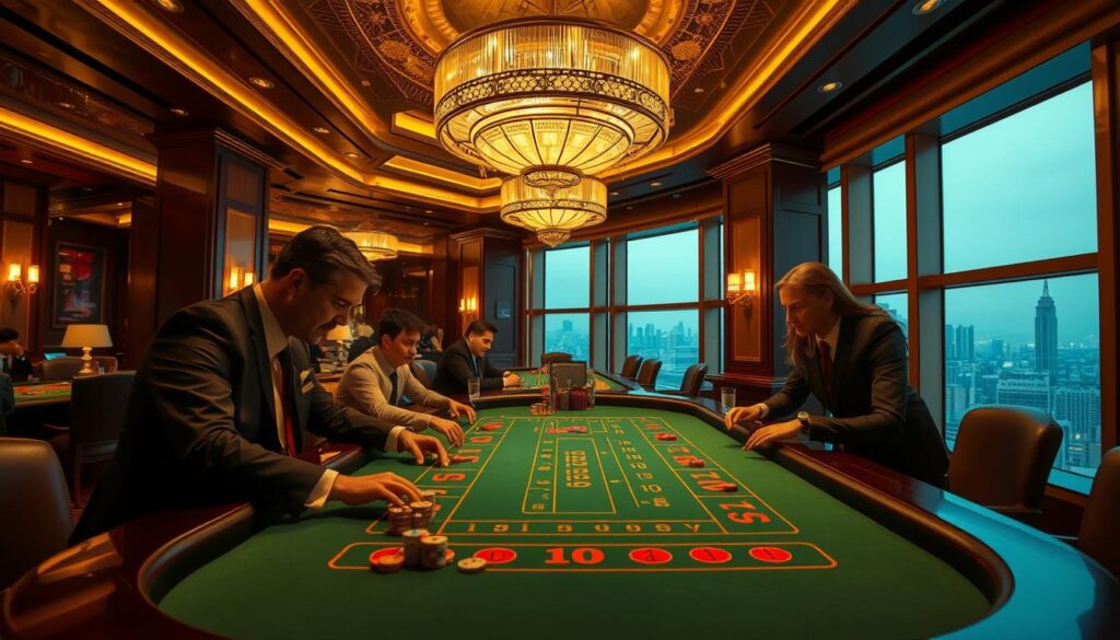 A luxurious casino interior, dimly lit with warm golden hues. In the foreground, a baccarat table takes center stage, the green felt surface gleaming under the soft spotlights. Elegant players lean in, their expressions focused as they carefully place their chips, contemplating their next move. The middle ground reveals the opulent decor - ornate chandeliers, rich wooden accents, and plush leather chairs. In the background, a panoramic view of the city skyline can be seen through large picture windows, adding a sense of grandeur and exclusivity to the scene. The overall atmosphere is one of strategic decision-making, high stakes, and the thrill of the game.