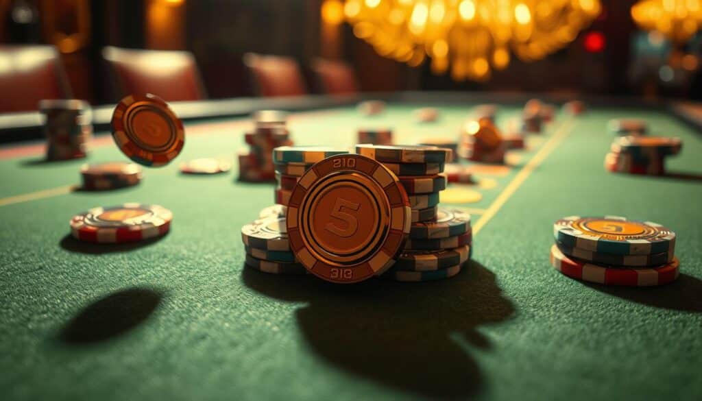 A luxurious casino table bathed in warm golden light, the surface a rich felt green. Intricate casino chips in a variety of denominations and colors are carefully arranged, each one a work of art. The chips appear to be floating, suspended in a dreamlike atmosphere, with subtle shadows and highlights accentuating their three-dimensional form. The composition draws the viewer's eye to the center, where the most valuable chips are placed, hinting at the strategic choices and calculated risks inherent in the game of Baccarat. The overall mood is one of sophistication, elegance, and the thrill of high-stakes gambling.