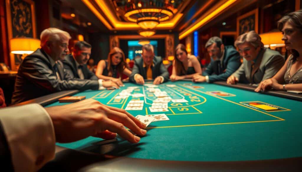 A meticulously crafted casino table with a crisp, clean surface, bathed in warm, inviting lighting. On the table, a dealer's hand deals out cards, the movement captured in a blur of motion. Surrounding the table, players lean in with rapt attention, their faces betraying a mix of concentration and excitement. The scene evokes the thrill of the game, the anticipation of each hand. In the background, a plush, elegant interior, hinting at the luxurious atmosphere of the casino. The overall composition suggests a harmonious balance between skill, strategy, and the allure of Lady Luck.