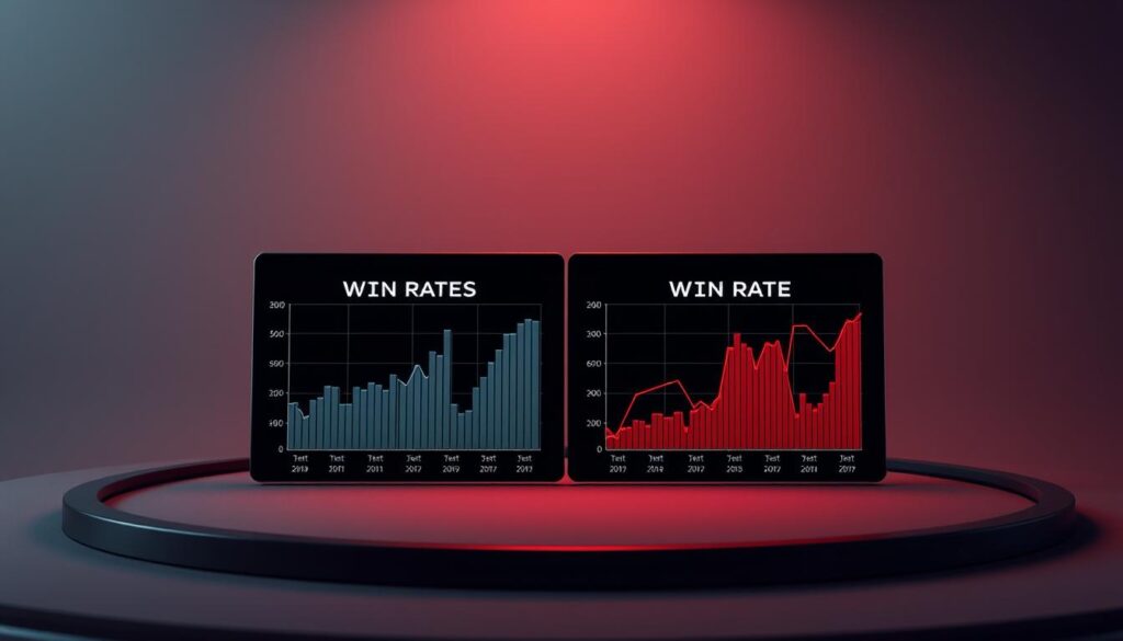 A meticulously crafted comparison of the win rates between the banker and the player positions in a live online baccarat game. Set against a muted, elegant backdrop, the visualization employs a minimalist design aesthetic with clean lines and a sophisticated color palette. Precise data visualizations, rendered in a visually striking manner, showcase the nuanced relationship between the two key gameplay roles. The composition is balanced and inviting, drawing the viewer's eye to the core insights at a glance. Subtle lighting and camera angles lend a sense of depth and dimension, creating an immersive, high-fidelity experience.