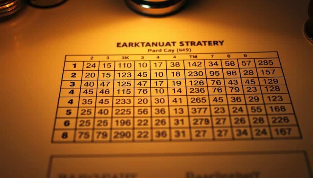 A meticulously detailed close-up view of a baccarat card counting strategy diagram, illuminated by warm, soft lighting from an overhead source. The diagram depicts a neatly organized grid of numbers and symbols representing the card counting methodology, with each element precisely rendered in a crisp, technical style. The background is a neutral, muted tone that allows the diagram to take center stage, conveying a sense of focus and professionalism. The overall scene emanates an air of expertise and comprehensive understanding of the baccarat card counting technique.