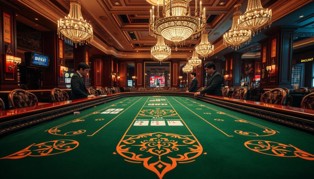 A meticulously detailed game table for Baccarat, the classic casino card game. The table is adorned with intricate geometric patterns, the familiar green felt covering its surface. Ornate wooden trim lines the edges, creating a luxurious ambiance. Dealers stand poised, awaiting players to place their bets in the designated areas. The table is bathed in warm, soft lighting, creating a inviting, sophisticated atmosphere. In the background, elegant chandeliers illuminate the high-ceilinged casino, hinting at the grandeur of the establishment. The scene conveys the elegance and allure of the Baccarat gaming experience.