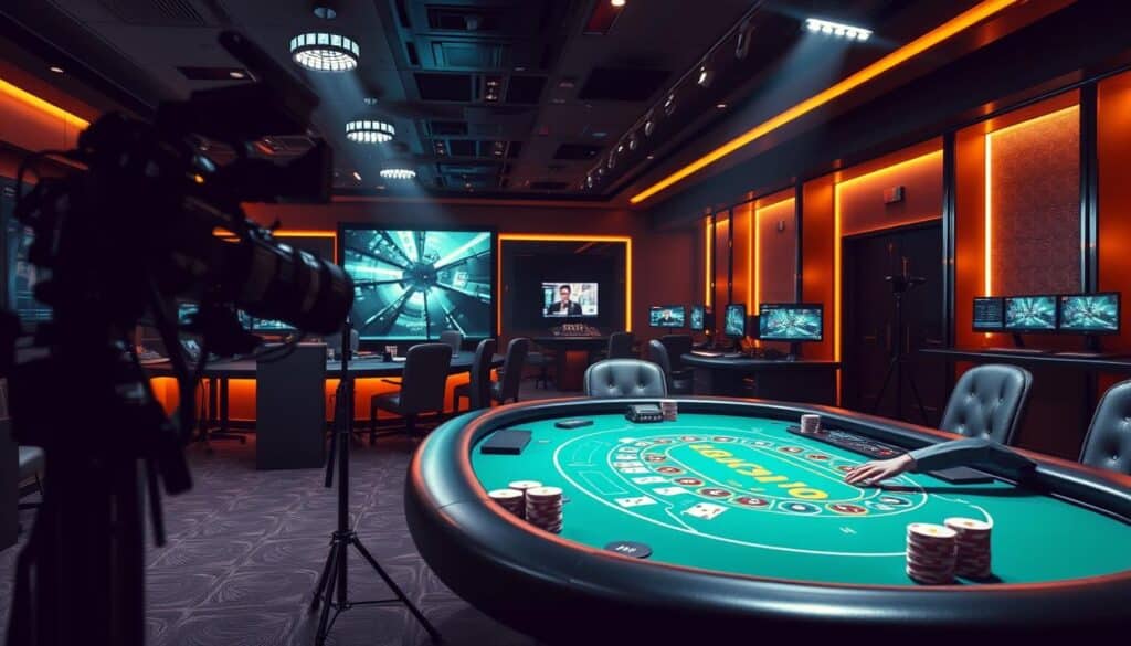 A modern casino interior with a focus on a live-streamed baccarat table. Bright spotlights illuminate the green felt table, cards, and casino chips, creating a lively and energetic atmosphere. In the foreground, a croupier deals cards while multiple camera angles capture the gameplay, ready to be broadcast online. The background features a sleek, high-tech control room with operators monitoring the livestream, ensuring a seamless viewing experience for online gamblers. Warm lighting and polished, minimalist decor convey a sense of sophistication and professionalism, blending the physical casino with the digital realm.