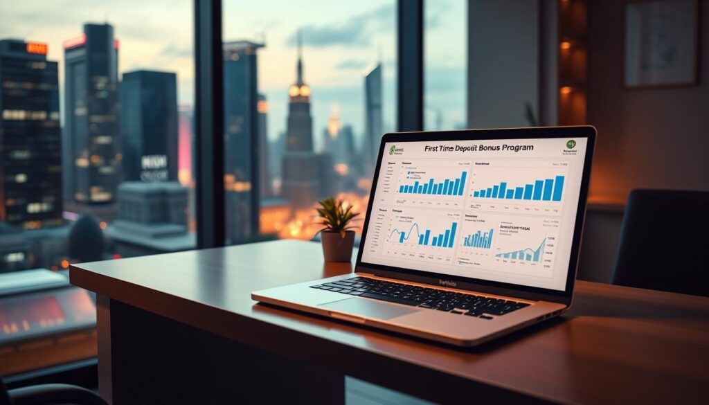A modern, clean-lined office interior with a large glass window overlooking a vibrant city skyline. On the desk, a laptop displays a detailed analysis of a first-time deposit bonus program, with well-organized charts and graphs. The lighting is soft and warm, creating a professional yet inviting atmosphere. A single potted plant adds a touch of nature to the scene. The overall composition conveys a sense of thoughtful planning and data-driven decision making, reflecting the subject of the "First-Time Deposit Bonus Case Study" section of the article.
