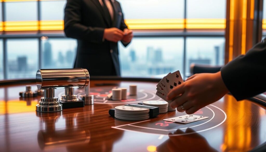 A modern, minimalist casino table showcasing a variety of baccarat gaming options. The table is illuminated by warm, soft lighting, creating a sophisticated and inviting atmosphere. Sleek, chrome-finished gaming equipment sits atop a polished, wooden surface, reflecting the elegant ambiance. In the foreground, a croupier's hands deftly deal the cards, capturing the skilled, professional execution of the game. The background features a subtle, blurred cityscape, hinting at the cosmopolitan setting of this premier baccarat platform. The overall composition conveys a sense of refinement, expertise, and the thrill of high-stakes gaming.